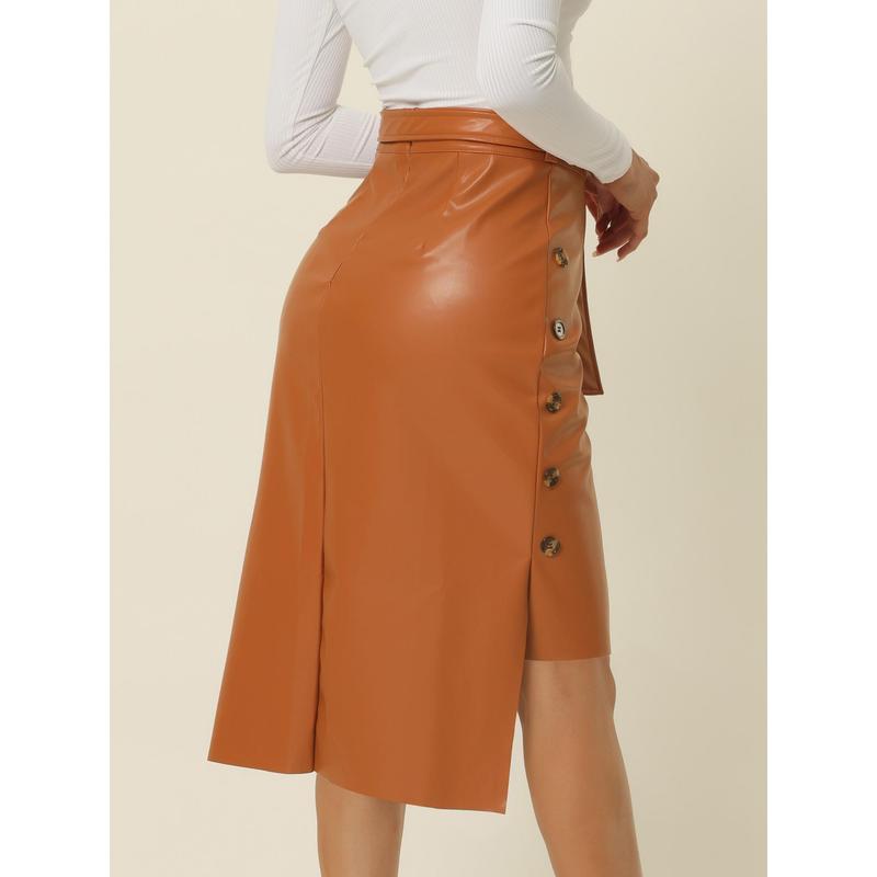 Seta T High Low Belted High Waist Side Button Decor Fall Winter Leather Skirt Caramel