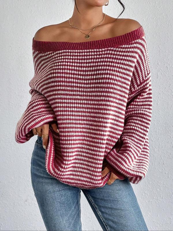 Women's Striped Drop Shoulder Sweater, Y2k Casual Bishop Sleeve Boat Neck Jumper for Daily Outdoor Wear Back To School, Sweaters for Women, Ladies Knitwear for Fall, Fall Outfits, Fallfreshness, Preppy 80s Clothes