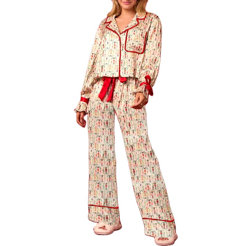 Christmas Pajamas for Women Bow Tie Long Sleeve Shirt Pants Satin Silk Funny Graphic Two Piece Pjs Set Sleepwear