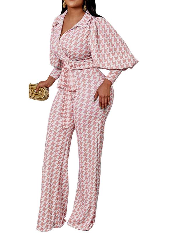 Women's Houndstooth Print Belted Wide Leg Jumpsuit, Elegant Bishop Sleeve V Neck Jumpsuit for Daily Wear, Ladies Clothes for All Seasons, Winter Clothes Women, Jumpsuits for Women