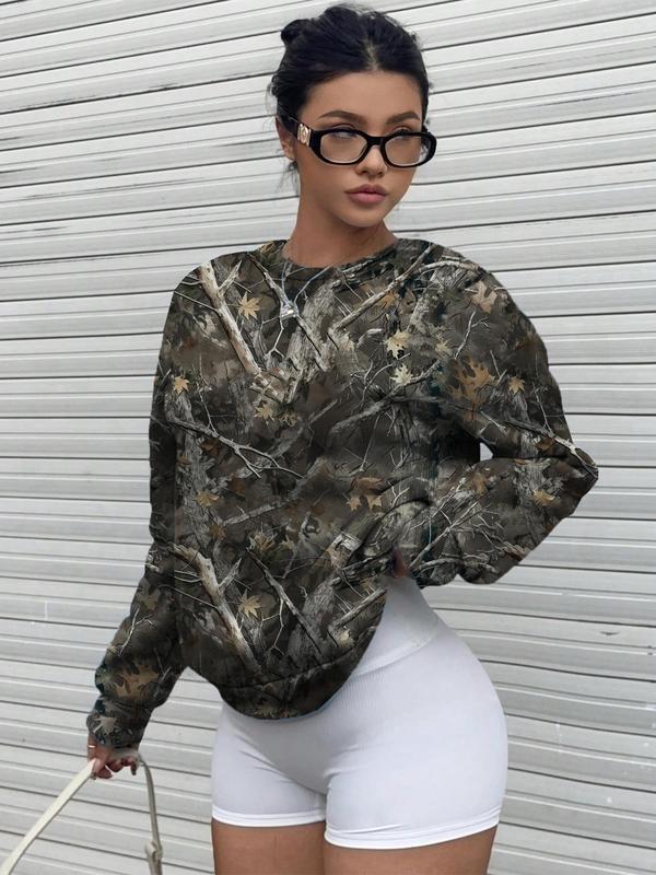 Women's Camo Print Drop Shoulder Pullover, Casual Long Sleeve Round Neck Sweatshirt for Fall & Winter, Women's Clothes for Daily Wear