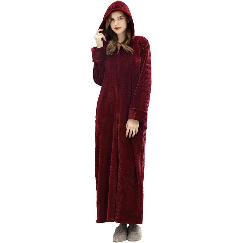 Long Hooded Zipper Bathrobe for Womens Flannel Fleece Robes Winter Warm Housecoat Nightgown Sleepwear Pajamas