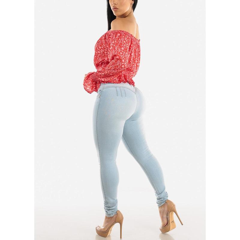 Super High Waisted Butt Lifting Skinny Jeans Light Blue