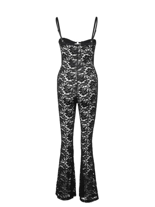 Women's Grommet Eyelet Lace Cami Jumpsuit, Chic Adjustable Spaghetti Strap Jumpsuit for Party Club Dating, Ladies Clothes for All Seasons