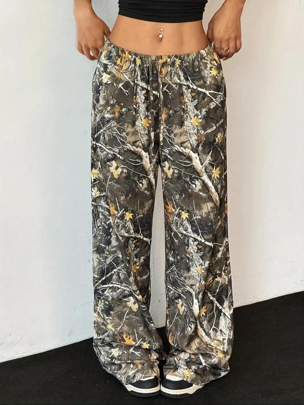 Women's Camo Print Drawstring Waist Wide Leg Pants, Casual Pocket Trousers for Daily Wear, Ladies Bottoms for All Seasons