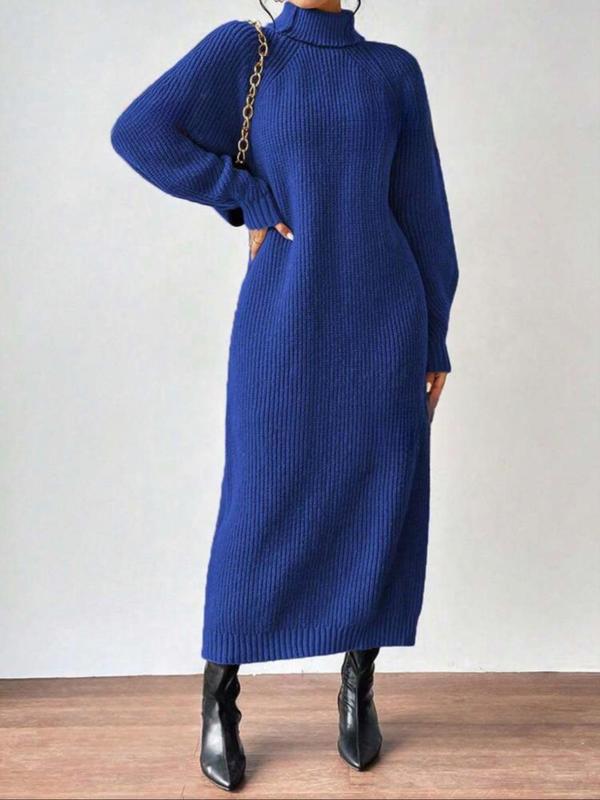 Women's Solid Raglan Sleeve High Neck Dress, Elegant Long Sleeve Knit Dress for Fall & Winter, Women's Clothing for Daily Wear Longsleeves