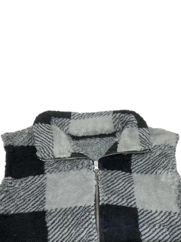 Women's Plaid Print Zip Up Funnel Neck Vest, Casual Pocket Sleeveless Outerwear for Fall & Winter, Ladies Clothes for Daily Wear