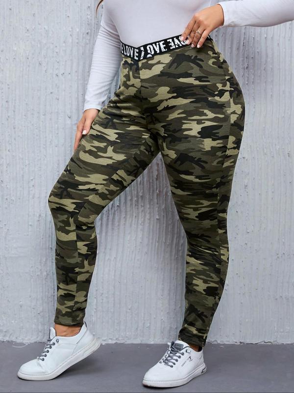  Camo Print Letter Tape Waist Leggings, Casual Comfy Breathable Skinny Trousers for Daily Wear, Women's Bottoms for Fall & Winter, Fall Outfits, Fallfreshness