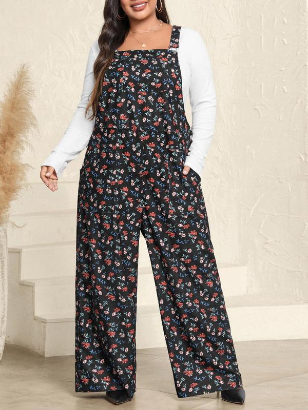 CURVZY Plus Size Ditsy Floral Print Pocket Overall, Boho Sleeveless Suspender Pants for Beach Holiday Vacation, Women's Clothes for All Seasons