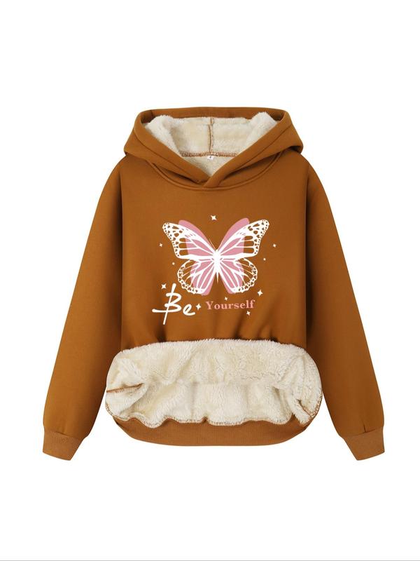 Women's Butterfly & Letter Print Thermal Lined Plush Hoodie, Casual Long Sleeve Hooded Sweatshirt for Fall & Winter, Women Clothes for Daily Wear Downtown Girl Clothes