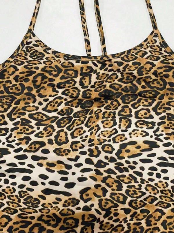 Women's Leopard Print Halter Neck Tie Back Cami Dress, Fashion Casual Backless Long Dress for Daily Outdoor Wear, Ladies Dress for Summer, 90s Clothes