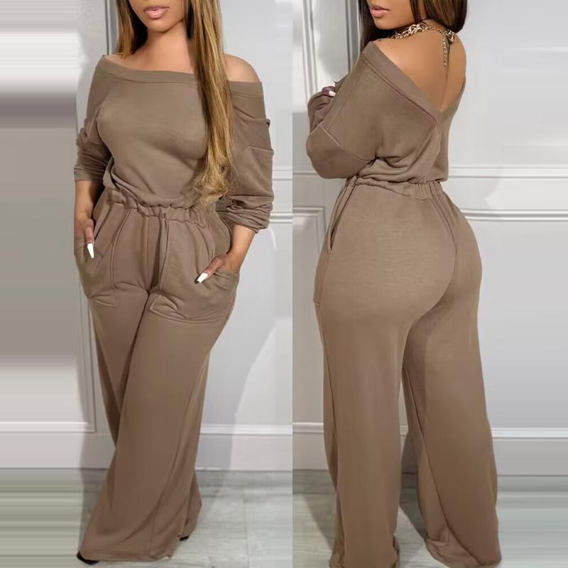 Chicme Off Shoulder V-Back Stretchy Waist Pocket Design Jumpsuit Comfortable Womenswear