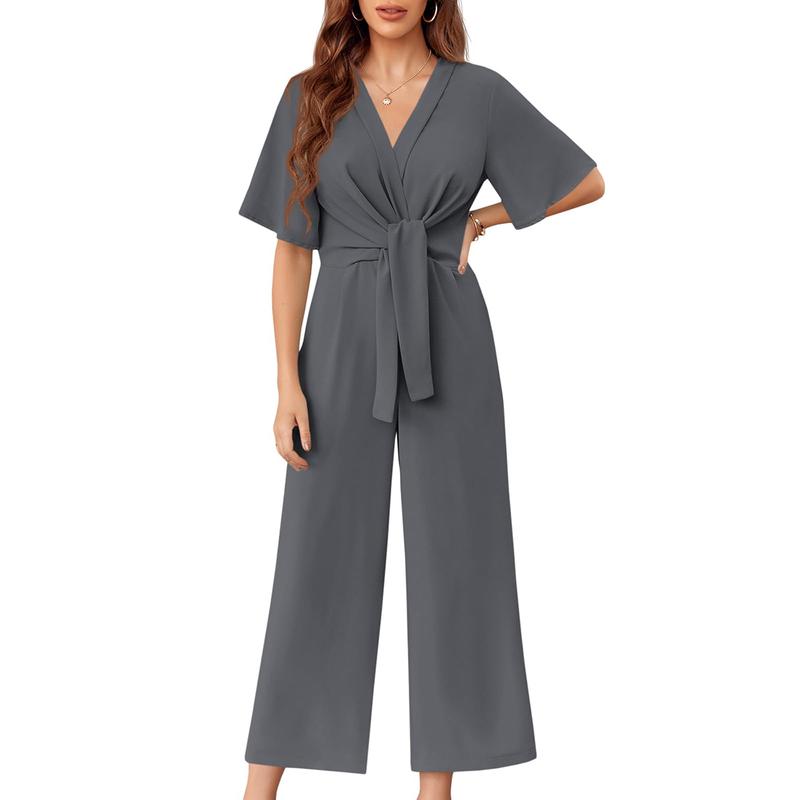 Tankaneo Womens Wide Leg Jumpsuits Short Sleeve Tie Knot Front Summer Long Romper