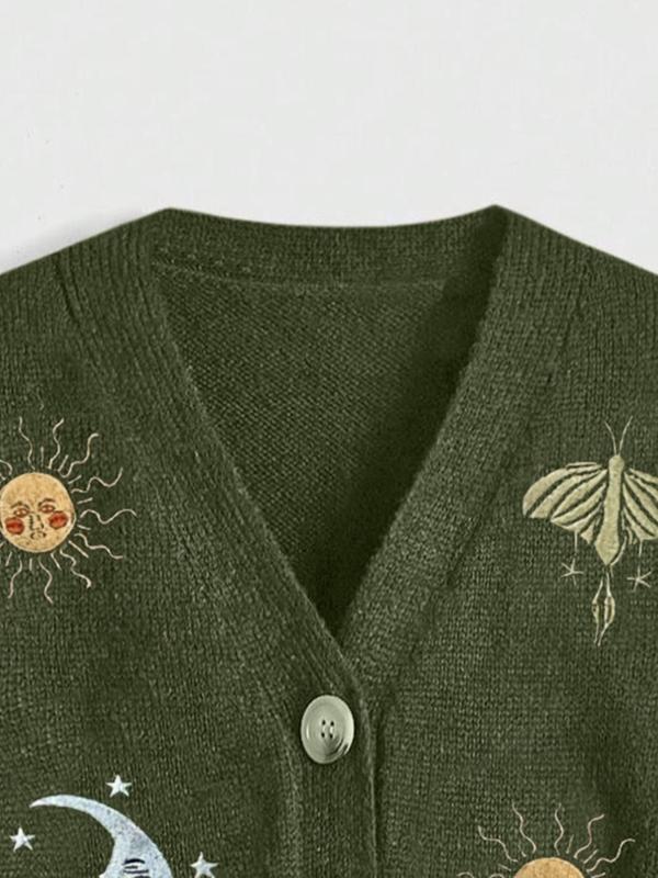 Plus Size Insect Embroidery V Neck Crop Sweater Cardigan, Casual Long Sleeve Open Front Knitwear for Fall & Winter, Women's Plus Clothing for Daily Wear