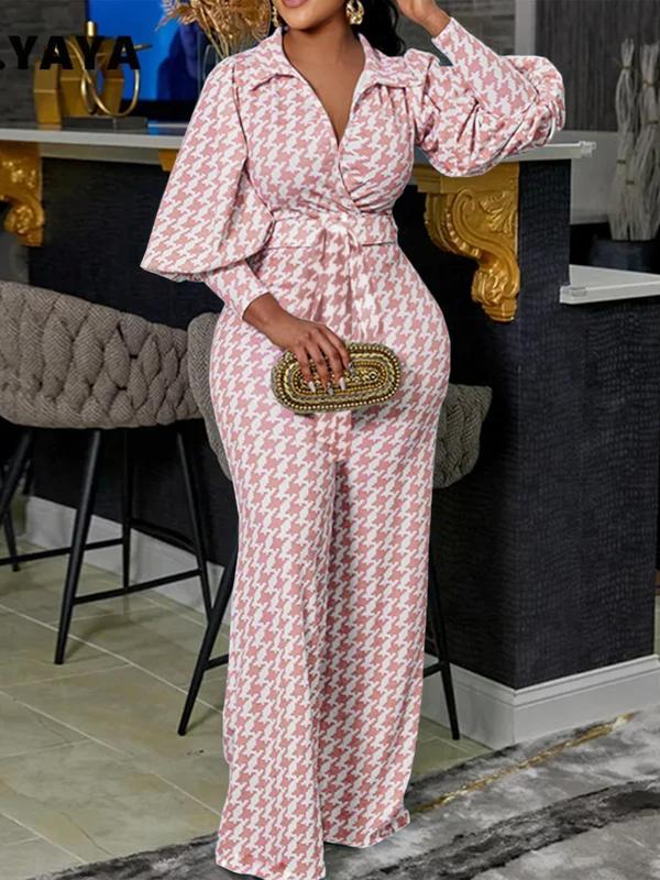 Women's Houndstooth Print Belted Wide Leg Jumpsuit, Elegant Bishop Sleeve V Neck Jumpsuit for Daily Wear, Ladies Clothes for All Seasons, Winter Clothes Women, Jumpsuits for Women