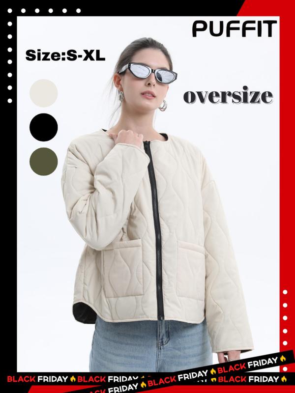 Women's Solid Pocket Zip Up Quilted Warm Jacket, Winter Clothes Women, Casual Drop Shoulder Long Sleeve Puffer Outerwear for Fall & Winter Daily Wear