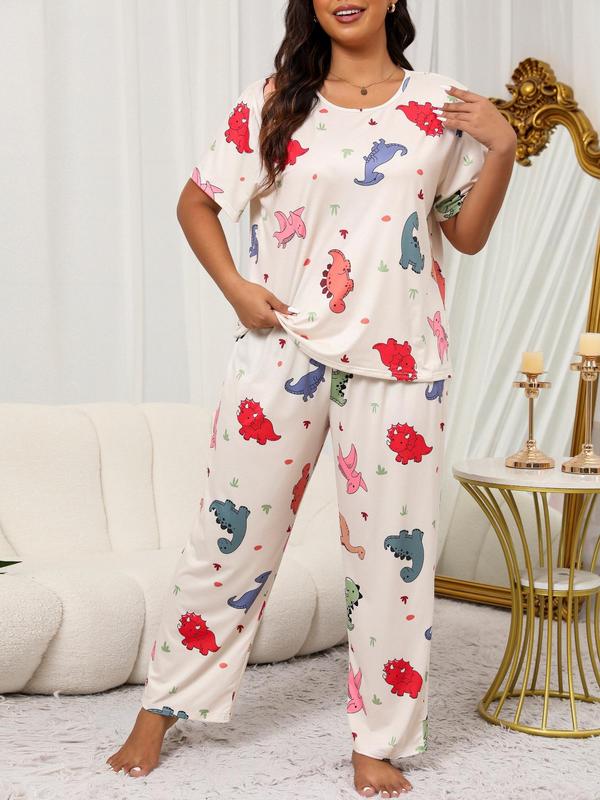 Plus Size Two-Piece Set Cartoon Dinosaur Print Tee & Pants & Eye Mask Pyjama Set, Casual Short Sleeve T-shirt & Trousers & Eye Cover, Women's Summer Sleepwear