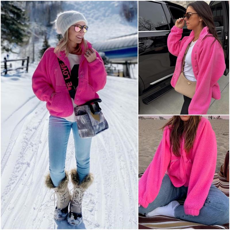 Tanming Women's Cropped Sherpa Jacket Button Down Fuzzy Fleece Patchwork Bomber Jackets Shacket Teddy Coat Outerwear