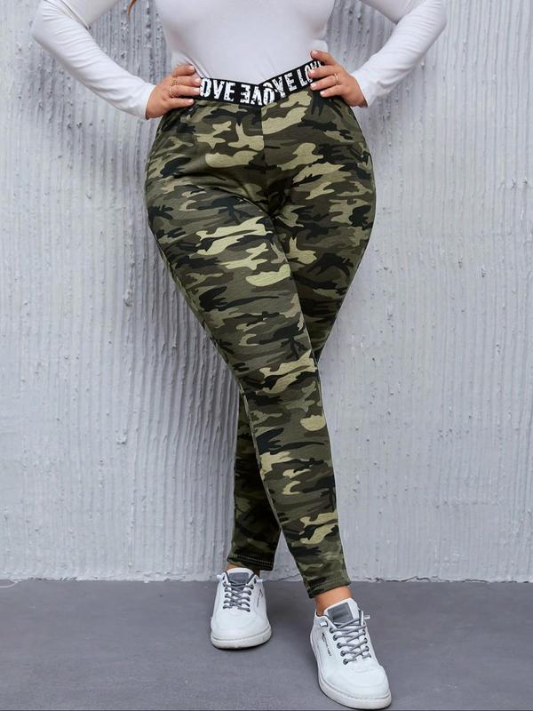  Camo Print Letter Tape Waist Leggings, Casual Comfy Breathable Skinny Trousers for Daily Wear, Women's Bottoms for Fall & Winter, Fall Outfits, Fallfreshness