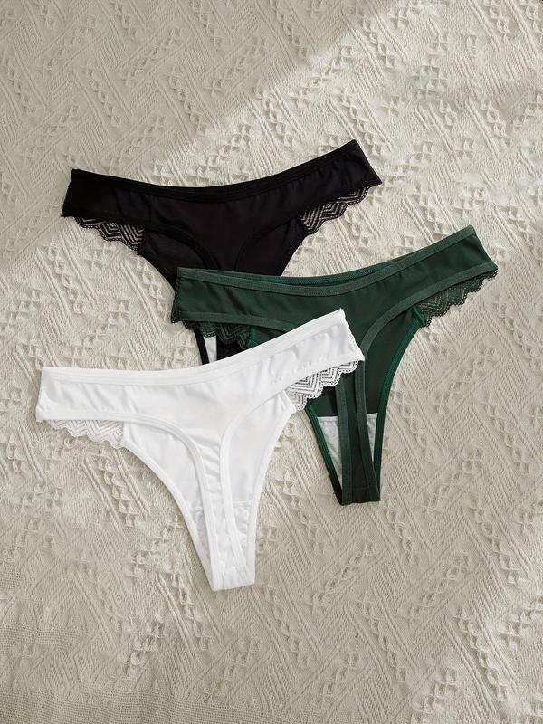 Women's 3pcs Solid Contrast Lace Thong, Basic Comfy Breathable Panties for Daily Wear, Underwear for All Seasons