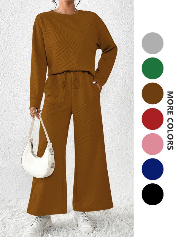 Two-piece Set  Women's Solid Textured Drop Shoulder Pullover & Wide Leg Pants, Casual Fashion Cozy Round Neck Long Sleeve Top & High Waist Trousers for Daily Outdoor Wear, Women's Sweatsuit Set Outfit for Fall & Winter