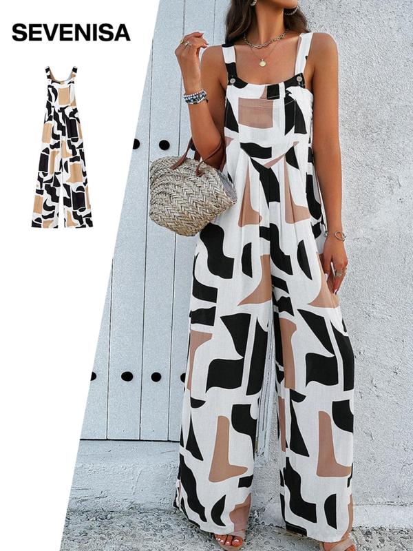 Women's All Over Print Plicated Pocket Wide Leg Jumpsuit, Casual Sleeveless Square Neck Jumpsuit for Summer, Women's Jumpsuit for Daily Wear