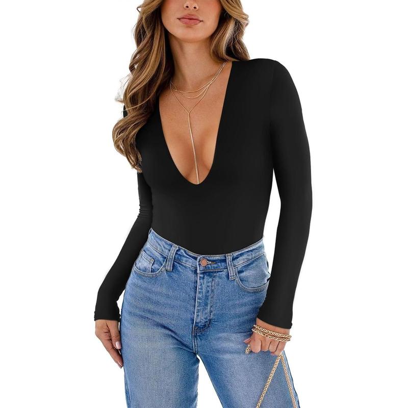 2024-Women's Sexy Plunge Deep V Neck Long Sleeve Bodysuit Double Lined Going Out T Shirt Tops