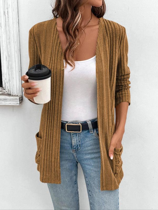 Women's Solid Pocket Ribbed Cardigan, Elegant Long Sleeve Open Front Knitwear for Fall & Winter,  Cardigan for Women, Fashion Women's Knit Clothing for Daily Wear