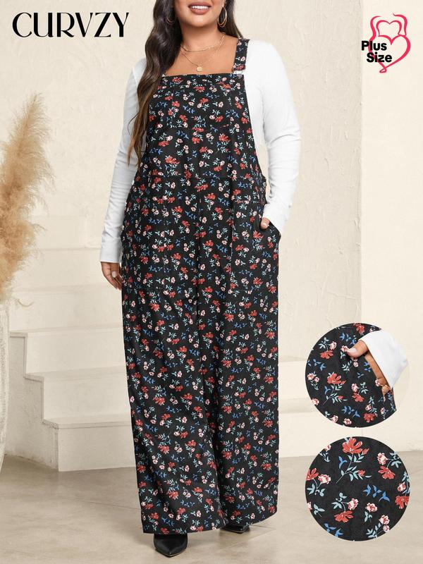 CURVZY Plus Size Ditsy Floral Print Pocket Overall, Boho Sleeveless Suspender Pants for Beach Holiday Vacation, Women's Clothes for All Seasons