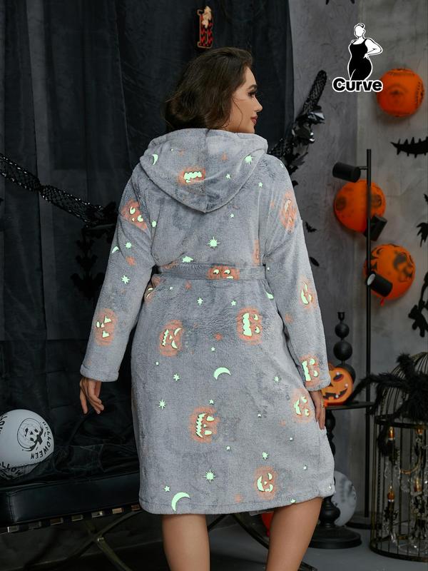  Christmas Cartoon Pumpkin Print Glow In The Dark Belted Hooded Lounge Robe, Casual Long Sleeve Pocket Design Halloween Themed Dressing Gown, Sleep Dress, Halloween Pajamas, Women's Sleepwear for Fall & Winter