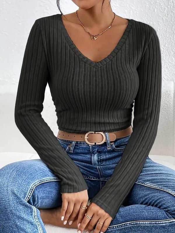 Women's Solid V Neck Long Sleeve Tee, Casual Basic T-shirt for Fall & Winter, Women's Top for Daily Wear