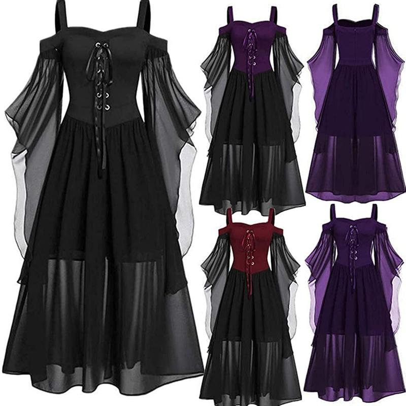 New Medieval Witch Dress For Women Halloween Carnival Women Plus Size Cold Shoulder Butterfly Sleeve Halloween Gothic Dress