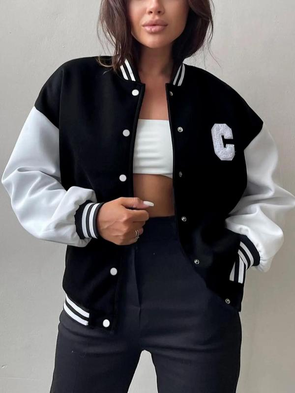 Women's Letter Patched Long Sleeve Collared Jacket, Jackets for Women, Sports Jacket, Lady Button Front Varsity Jacket, Preppy Casual Mock Neck Outerwear, Cozy Fall Outfits, Womenswear Downtown Girl Clothes