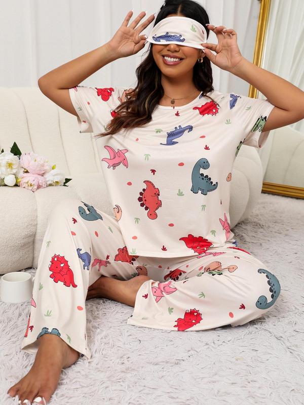 Plus Size Two-Piece Set Cartoon Dinosaur Print Tee & Pants & Eye Mask Pyjama Set, Casual Short Sleeve T-shirt & Trousers & Eye Cover, Women's Summer Sleepwear