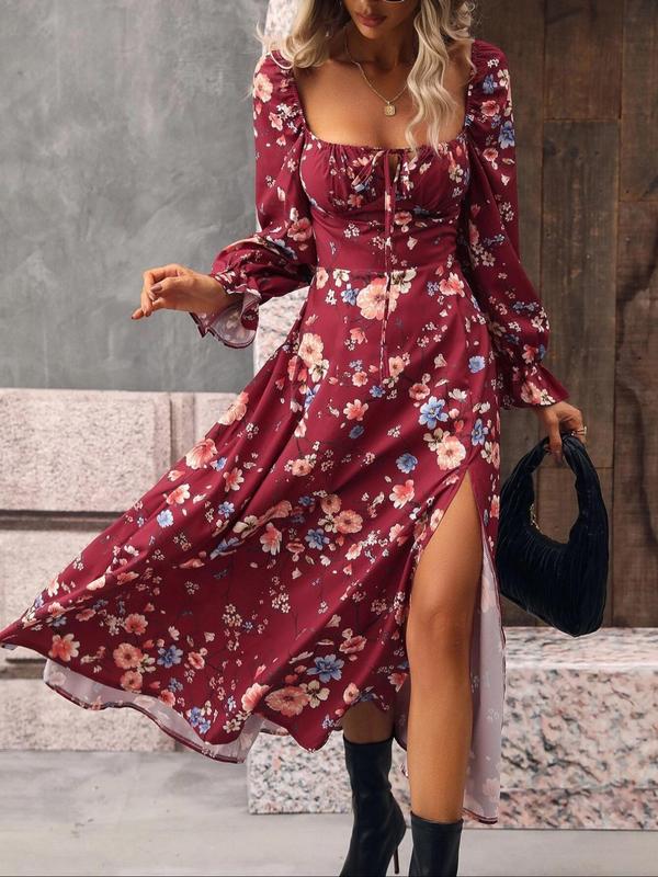 Women's Ditsy Floral Print Tie Front Split Thigh A-line Vintage Dress, Boho Long Sleeve Slim Fitting Square Neck Midi Dress for Spring & Fall, Summer Outfits, Back To School Outfits, Birthday Dresses 2024 Frenchy Style Non Bodycon Dress