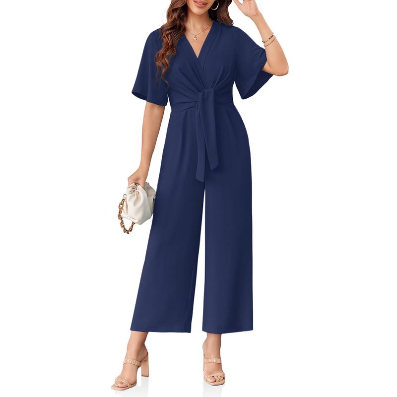 Tankaneo Womens Wide Leg Jumpsuits Short Sleeve Tie Knot Front Summer Long Romper