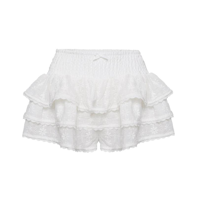 Woman Summer Floral Embroidery White Shorts Lace Trim Layered Ruffled Skirt Shorts Smocking High Waist Shorts Casual Short For Woman 2024 Sweat Ruffle Mini Skirt Sexy Hollow Out Shorts