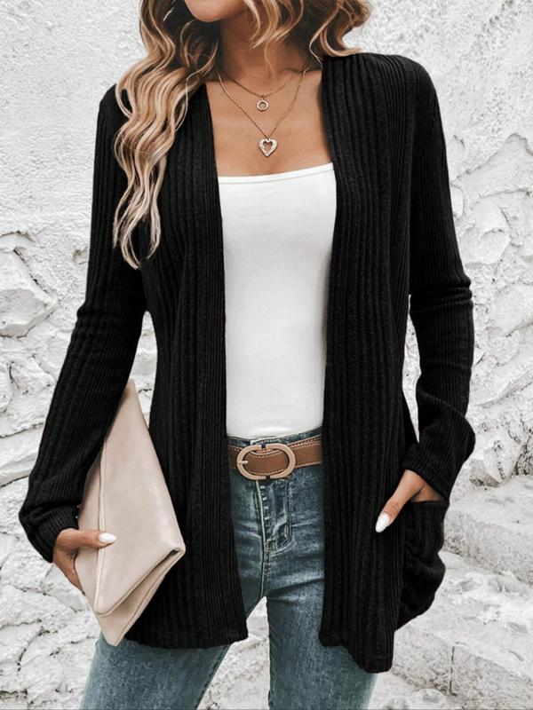 Women's Solid Pocket Ribbed Cardigan, Elegant Long Sleeve Open Front Knitwear for Fall & Winter,  Cardigan for Women, Fashion Women's Knit Clothing for Daily Wear