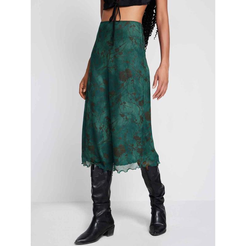 Cider [3 colors, size 0-26] High Waist Mesh Floral Midi Skirt