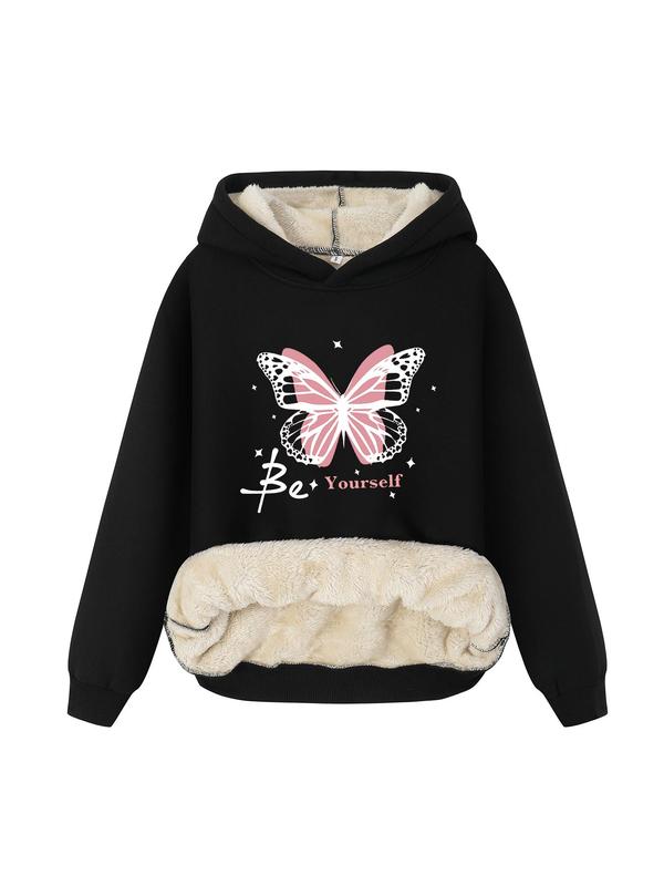 Women's Butterfly & Letter Print Thermal Lined Plush Hoodie, Casual Long Sleeve Hooded Sweatshirt for Fall & Winter, Women Clothes for Daily Wear Downtown Girl Clothes