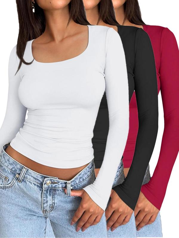 Women's Solid Color Square Neck Long Sleeve Tee, Casual Comfy T-shirt for Spring & Fall, Women's Top for Daily Wear