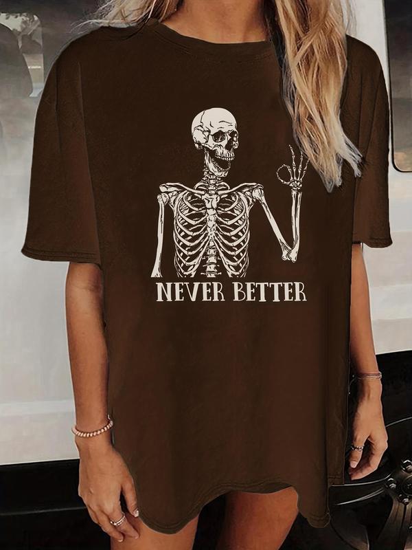 Women's Halloween Themed Skeleton & Letter Print Drop Shoulder Tee, Graphic Tees, Casual Half Sleeve Round Neck T-shirt, Fall Clothes Women, Lady Top for Daily Wear, 90s Clothes