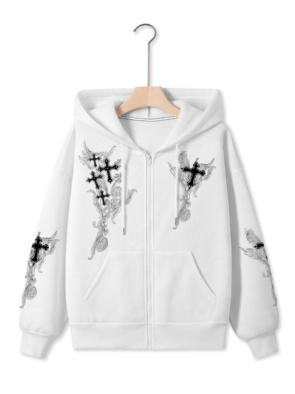 Fall Women's Cross Print Drawstring Zip Up Hooded Coat, Y2k Trendy Casual Pocket Drop Shoulder Long Sleeve Outerwear for Daily Wear, Graphic Hoodie, Ladies Spring & Fall Clothes