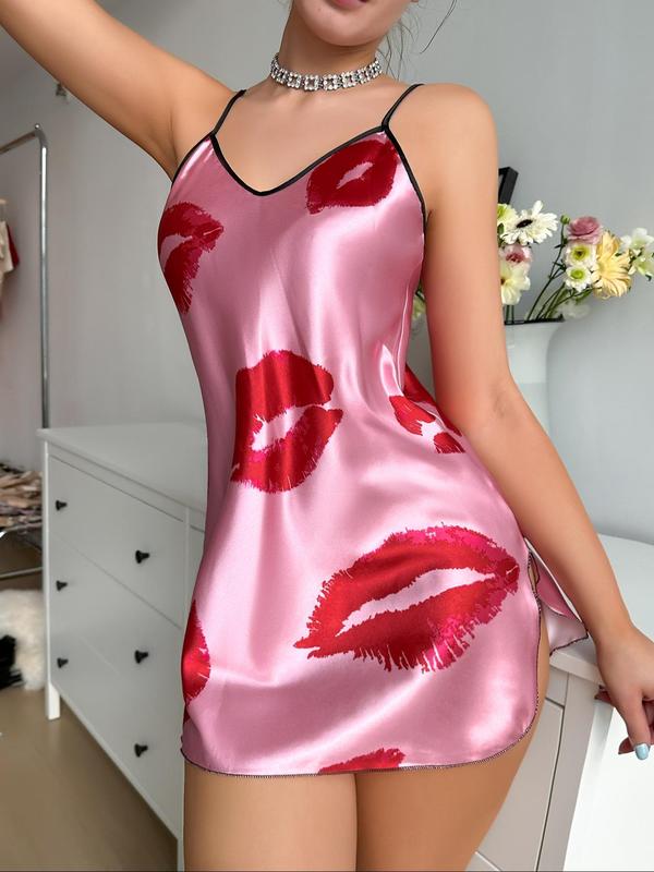 Women's Heart & Butterfly Print Contrast Binding Cami Nightdress, Adjustable Spaghetti Strap Satin Nightgown, Soft Comfortable Night Dress for Women