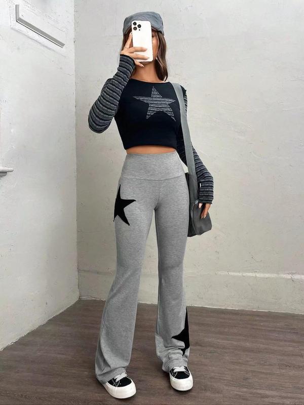 Women's Star Patched Flare Leg Pants, Casual Comfy Bell Bottom Trousers for Spring & Fall, Women's Bottoms for Daily Wear