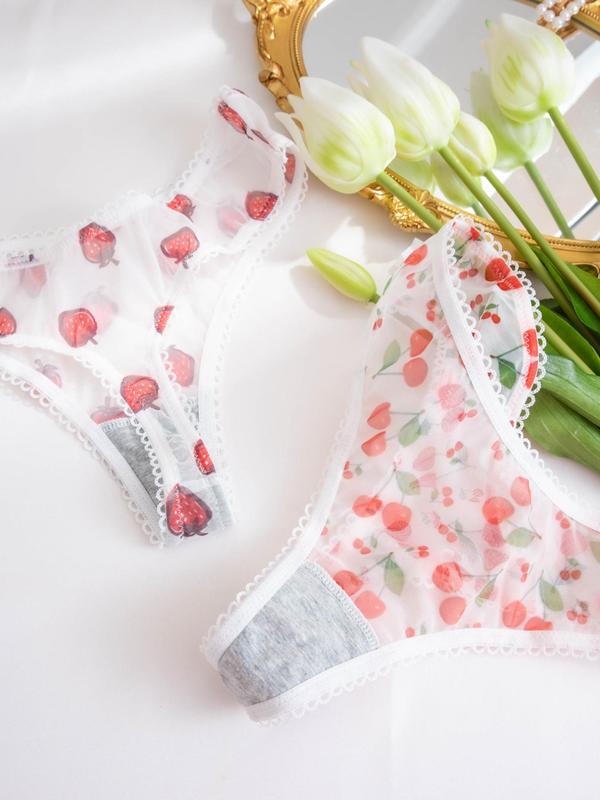 Women's Floral & Strawberry & Cherry Print Sheer Tulle Thongs, Cute Soft Comfy Breathable Knicker for Daily Wear, Ladies Underwear for All Seasons