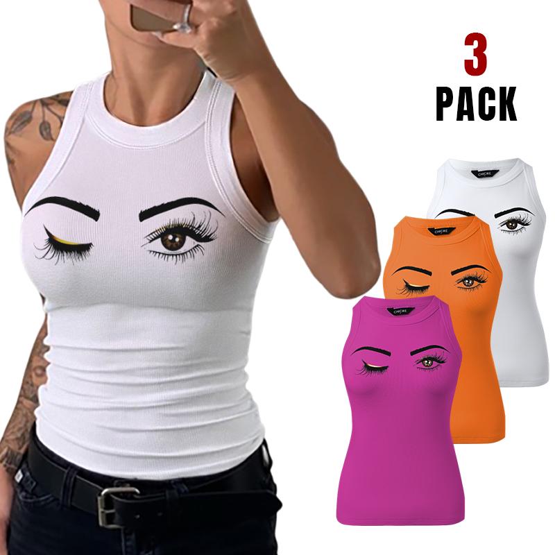 ChicMe 3 Piece Eyelash Print Women Sleeveless Casual Tank Tops Slim Fitted Basic Layering Shirts Soft Womenswear