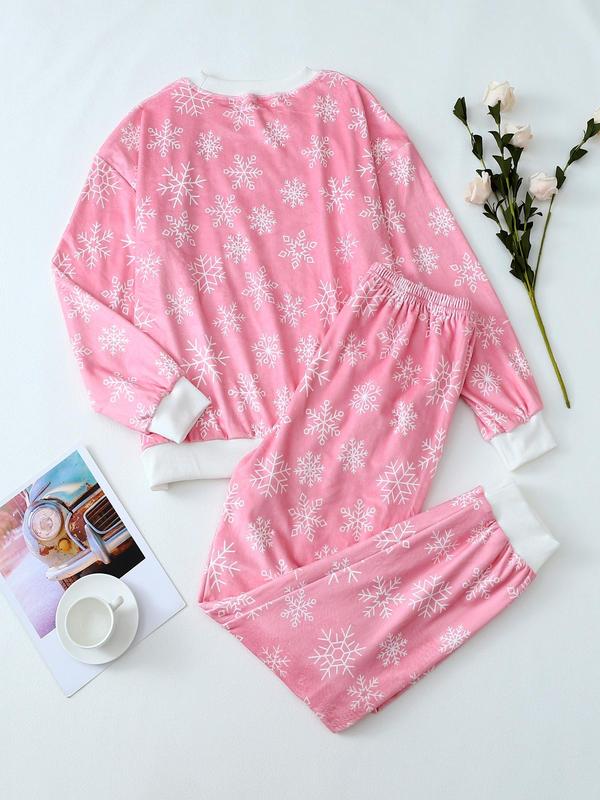 Two-Piece Set Women's Christmas Print Long Sleeve Top & Pants Plush Pajama Set, Casual Comfy Round Neck Top & Trousers Thermal PJ Set, Women's Sleepwear for Fall & Winter