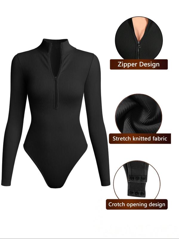 Sporty Women's Solid Color Half Zip Mock Neck Dance Leotards, Sport Button Closure Crotch Long Sleeve Dancing Bodysuit, Ladies Sportswear for All Seasons