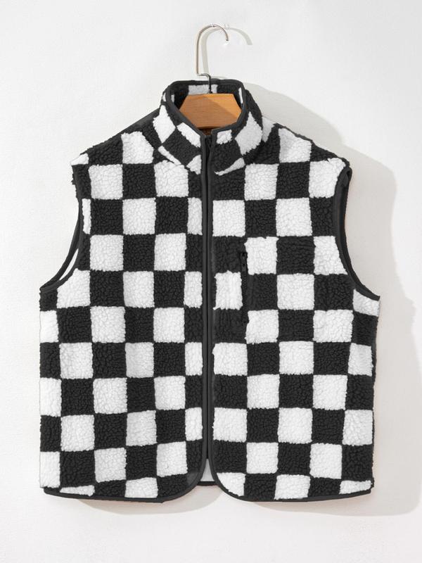 Women's Checkerboard Print Zip Up Fuzzy Vest Jacket, Casual Sleeveless Collared Outerwear for Winter, Ladies Clothes for Daily Wear